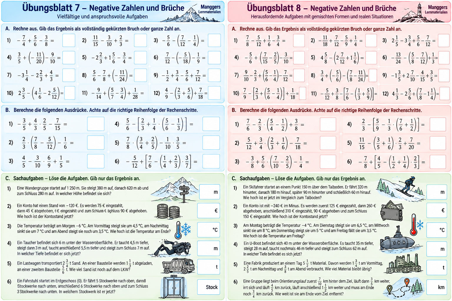 Lernblatt: Übungsblätter 7 & 8 – Negative Zahlen und Brüche