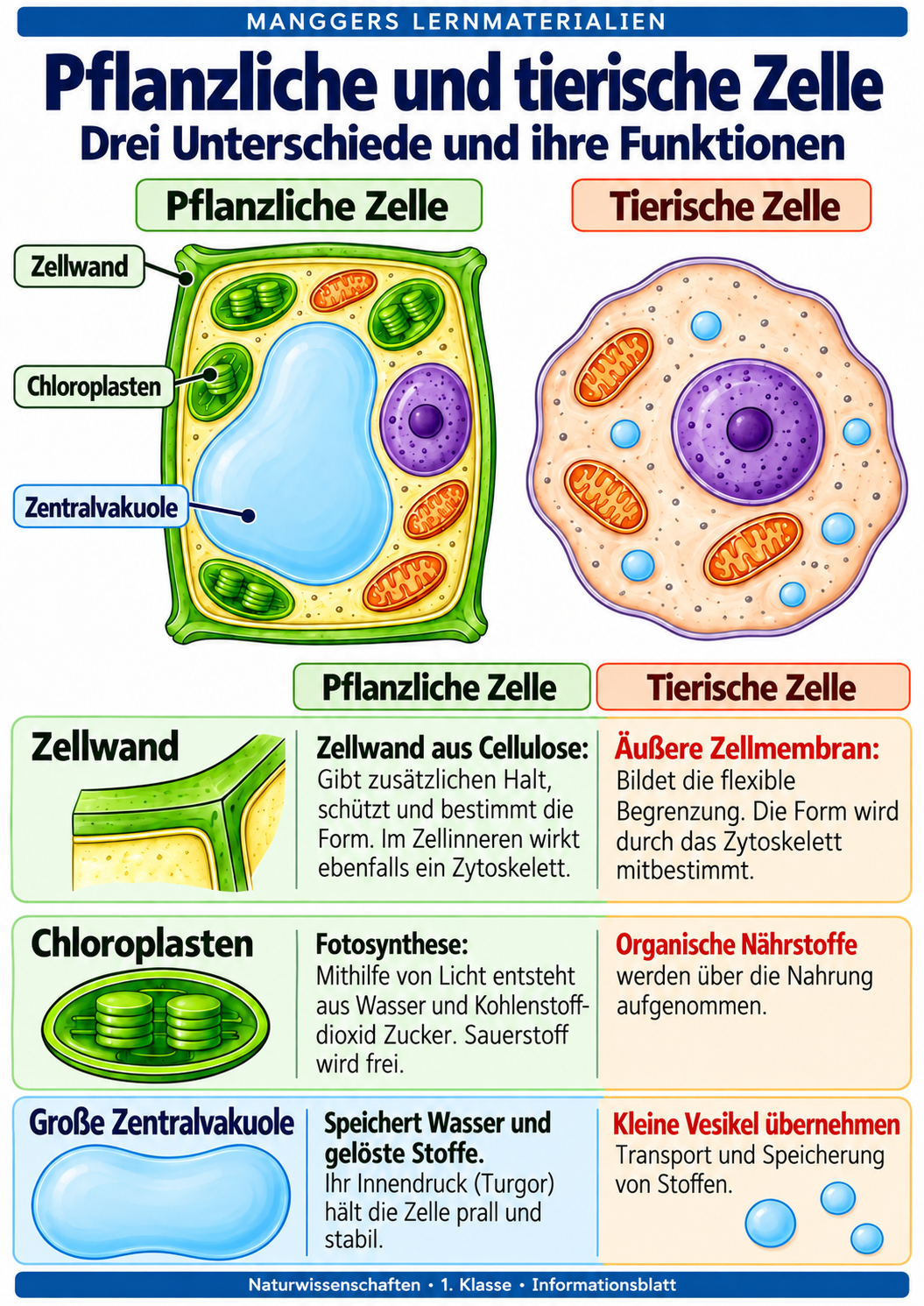 Lernblatt: Pflanzliche und tierische Zelle: drei Unterschiede